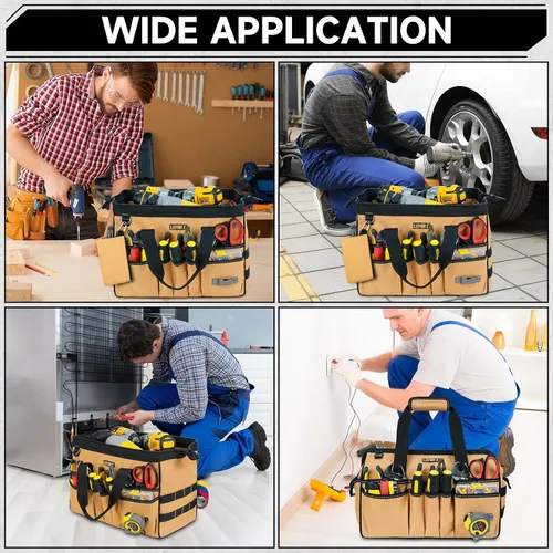 Vista 7 de Bolsa de herramientas de 15 pulgadas, 38 bolsillos para hombres, organizador de caja de herramientas resistente, bolsa de herramientas de boca