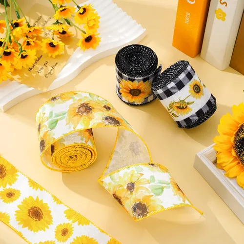 Vista 4 de Whaline Cinta de girasol con borde con alambre de 36 yardas, 6 rollos de 2.5 pulgadas, cinta de tela de flores a cuadros de búfalo para primavera