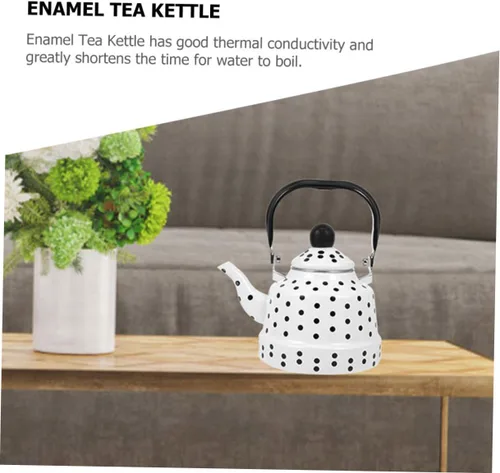 Vista 3 de Alipis Hervidor de té esmaltado blanco con puntos negros, tetera decorativa para estufa, tetera con mango antiquemaduras, boquilla suave