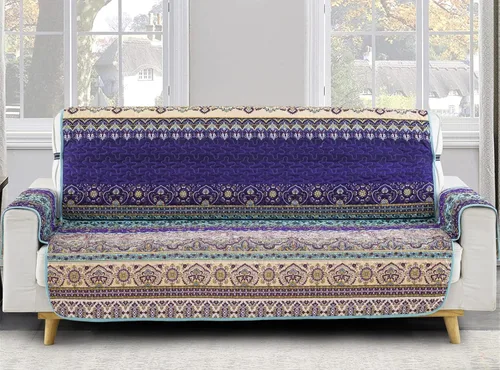 Vista 8 de Yiran Funda de sofá bohemia azul y morado con estampado de mandala a rayas, protector de muebles con correas elásticas, funda de sofá de microfibra