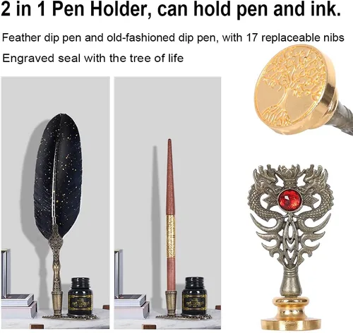 Vista 4 de Juego de Tinta para Pluma de Caña, Incluye Pluma de Pluma y pluma de inmersión de madera, Tinta, 17 Puntas de Repuesto, Base de Punta de Pluma, 3