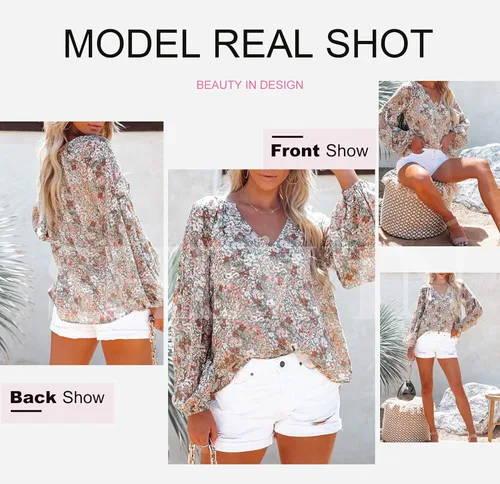 Vista 3 de SHEWIN - Blusas casuales, holgadas, de estilo bohemio, mangas largas, con cuello en V y estampado floral para mujer