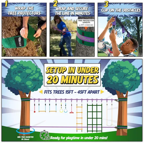 Vista 3 de Trailblaze Curso de Obstáculos de Guerrero Ninja para Niños - Diversión al Aire Libre 2x55 Pies de Cuerda Floja Ninja, Red de Escalada, Escalera