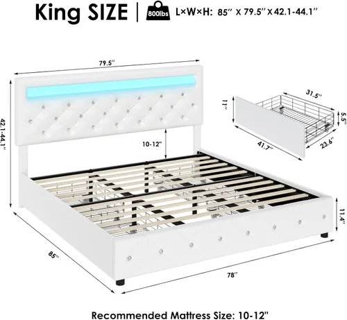Vista 2 de Keyluv Base de cama LED tapizada tamaño King con 4 cajones de almacenamiento y cabecera capitonada ajustable con botón de cristal plataforma
