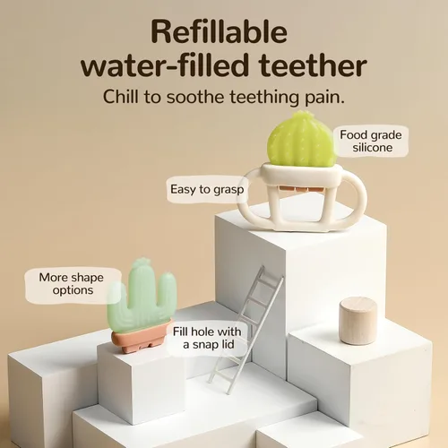 Vista 2 de 2 piezas de juguete mordedor para bebé, alivio de la dentición rellenable de agua para bebés de 0 a 12 meses, juguetes de silicona para dentición