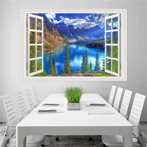 Vista 4 de Pintura autoadhesiva 3D, calcomanías de pared falsas para ventana, isla tropical con palmeras, mural de pared, vista de ventana, decoración de pared