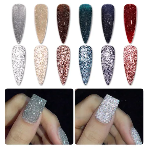 GAOY Reflective Glitter Gel Nail Polish Set, 6 Colors Including Red Brown Blue Holographic Glitter Gel Polish Kit UV LED Soak Off Sparkly Home DIY