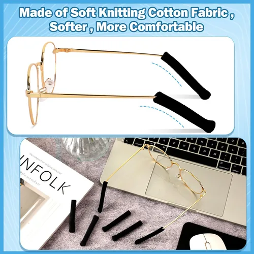 Vista 10 de AUGSUN 5pairs Black Glasses Ear Cushion, Soft Knitting Cotton Elastic Comfort Eyeglasses Temple Tips Sleeve Retainer, Anti-Slip Eyeglass Ear