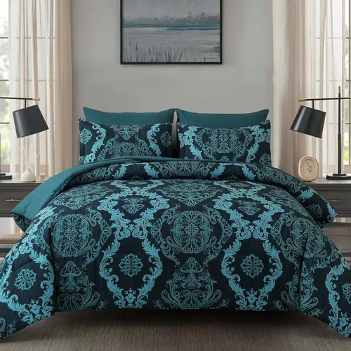 Vista 21 de WONGS BEDDING Juego de edredón Aqua tamaño Queen, textura de damasco, 7 piezas, cama en una bolsa, juego de sábanas de microfibra bohemio