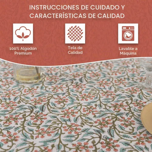 Vista 7 de Labhanshi Mantel rectangular de 6 plazas de algodón prelavado con estampado indio a mano, 60 x 90 pulgadas, diseño floral de algodón prelavado Beige