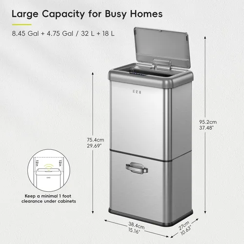 Vista 2 de Cubo de basura EKO Vintage de 50L / 13.2 galones con sensor de movimiento, con doble compartimento de 32L + 18L, bote de basura de acero inoxidable