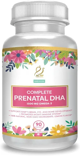 ACTIF DHA prenatal completo con 1500 mg de omega-3, 100% DHA orgánico, EPA - Sin OMG, 90 unidades