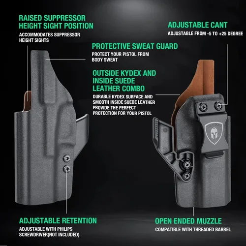 Vista 5 de WARRIORLAND IWB Funda Kydex con interior de cuero de gamuza, compatible con Glock 43X/43X mos/ G17/19 Gen3-5, Sig P365/P365X y P320 M18/M17