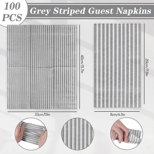 Vista 2 de Whaline Paquete de 100 servilletas desechables a rayas grises y blancas para invitados, paquete de papel a rayas, toalla de mano para boda, baby