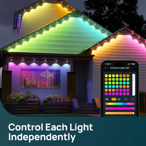 Vista 2 de Linkind Luces de alero para exteriores para luces de Pascua, 100 pies con 72 LED triples, iluminación AI, luces inteligentes RGBTW para exteriores