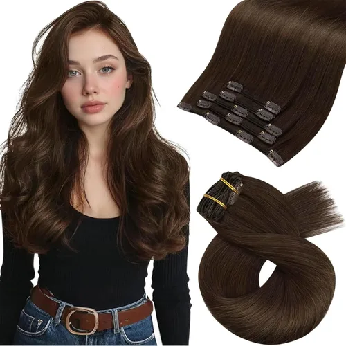 Vista 89 de Moresoo Extensiones de cabello humano con clip, balayage, color marrón oscuro a marrón dorado con clip, extensiones de cabello humano con clip, 5