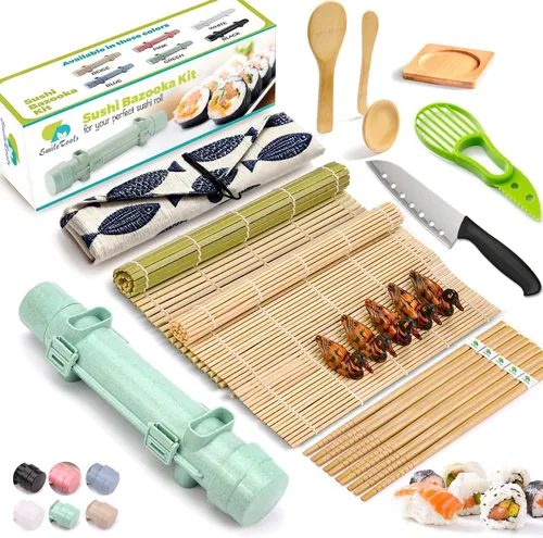 Vista 11 de Kit de fabricación de sushi SmileTools, juego de 22 piezas para principiantes con libro guía, bazuca, cuchillo, estera, cortador de aguacate