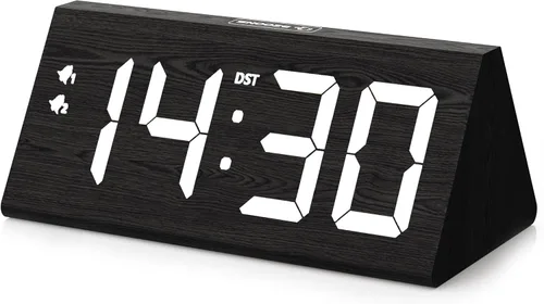 Vista 9 de Reloj despertador digital de madera con puertos de carga USB duales, DST, regulable, repetición, reloj LED moderno con pantalla de tiempo grande