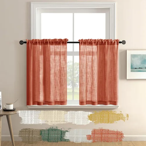 Vista 15 de Cortinas de cocina grises semitransparentes con privacidad, de lino texturizado, bolsillo con varilla, cortinas cortas de cafetería, valances