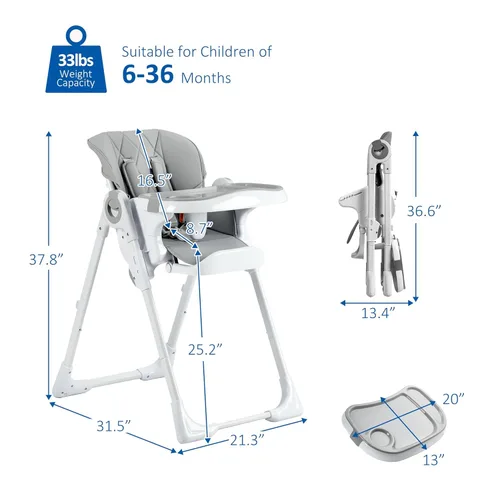 Vista 6 de Sillas altas para bebé, multifuncionales para bebés con altura ajustable y reclinable, silla alta plegable para bebé con bandeja extraíble, fácil