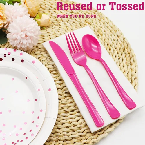 Vista 3 de 150 piezas de cubiertos de plástico rosa intenso y utensilios de plástico rosa intenso resistentes - 50 tenedores, 50 cuchillos, 50 cucharas