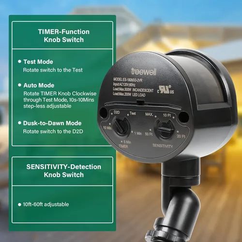 Vista 3 de Sensor de movimiento, detector de movimiento de repuesto de 180 grados, tiempo ajustable y sensibilidad de detección de hasta 60 pies, 3 modos