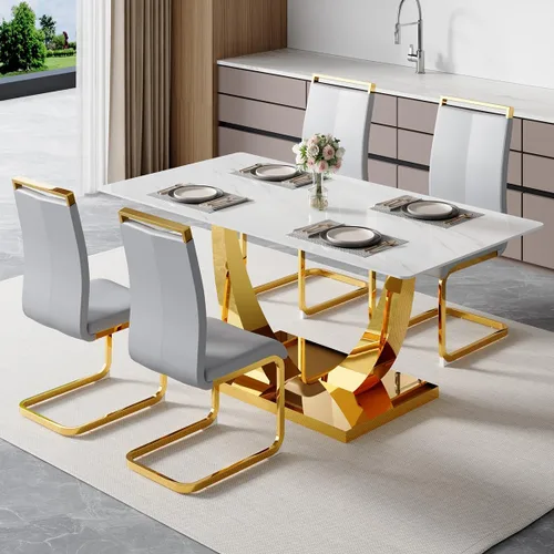 Vista 32 de Juego de mesa de comedor de 63 pulgadas para 4, juego de mesa de comedor dorado moderno para 4, juego de mesa de cocina de mármol sintético