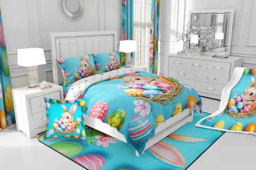 Vista 4 de Juego de ropa de cama con temática de Pascua de conejitos para niños, adolescentes y jóvenes, funda de edredón de nido de huevos de Pascua, funda