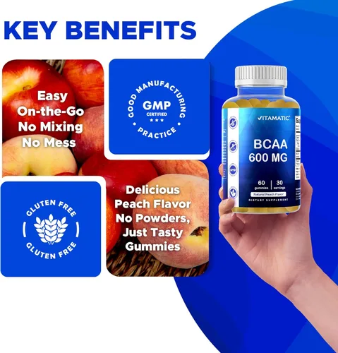 Vista 5 de Vitamatic BCAA Gummies - Suplementos de aminoácidos de cadena ramificada, sabor a melocotón, 600 mg por porción, 60 gomitas veganas a base