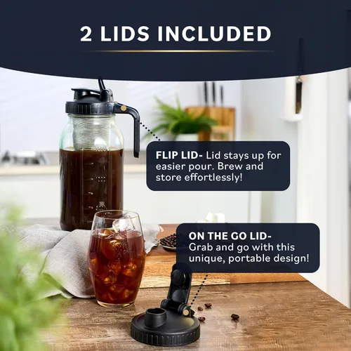 Vista 3 de Cafetera fría con cuerpo de vidrio resistente y 2 tapas, máquinas de té helado con filtro de acero inoxidable, cafetera helada, jarra de tarro