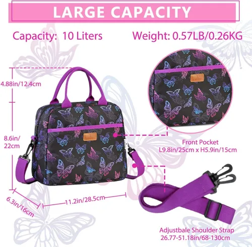 Vista 3 de VONXURY - Bolsa de almuerzo térmica con diseño de mariposa para niñas, con correa de hombro extraíble, para niñas