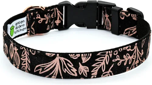 Rose Gold Metallic Dog Collar - Floral Vines on Black - 4 Sizes - 1 Inch Wide - Handmade by Green Acorn Kitchen (Small 9-13")