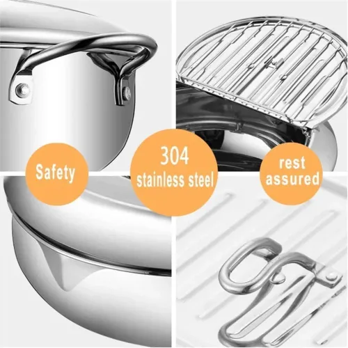 Vista 4 de Olla para freidora de 11 pulgadas/4.4 cuartos de galón – 4.2 L de acero inoxidable 304 japonés extra grande con tapa y termómetro