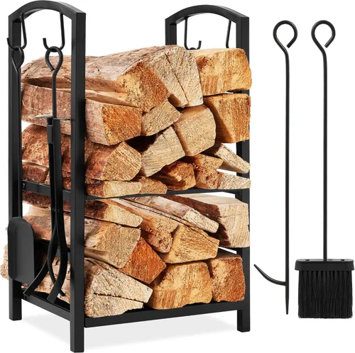 Best Choice Products - Soporte para almacenamiento de leña de 5 piezas, hierro forjado, para interior y exterior, herramientas para fogata, con Negro