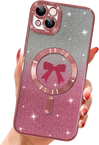 Vista 12 de Funda magnética transparente con purpurina para iPhone 14, compatible con Magsafe, diseño de corazón de amor, chapado de lujo, protector completo