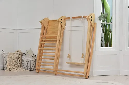 Vista 8 de Avenlur Juniper 4 en 1 - Gimnasio de juego para interiores con columpio para bebé, tobogán, escalera y pared de escalada, juego de madera plegable