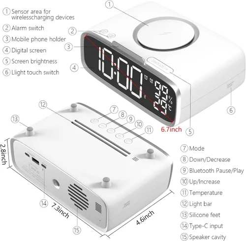 Vista 6 de VOILEIPAGI Digital Alarm Clock with Wireless Charging, Bluetooth Speakers, USB Charger, Night Light, Snooze,Temperature, Dual Alarm Clock for Heavy