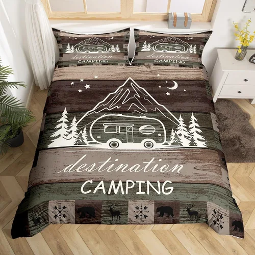 Vista 22 de Funda de edredón Happy Camping, juego de ropa de cama para niños, casa rodante, camper, funda de edredón vintage de madera estilo granero