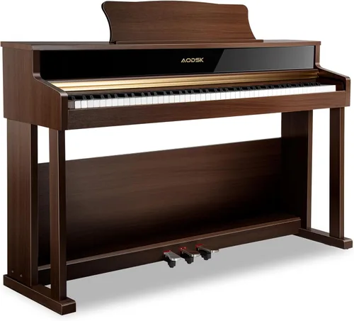 AODSK Piano Digital de 88 Teclas, Teclado con Martillos Pesados, Diseño Vertical, Carcasa con Veta de Madera Marrón, Incluye Auriculares y Lecciones