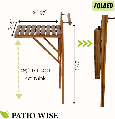 Vista 3 de Patio Wise Mesa de balcón plegable para exteriores, barra plegable de madera de acacia, apartamento portátil, balcón, barandilla y muebles