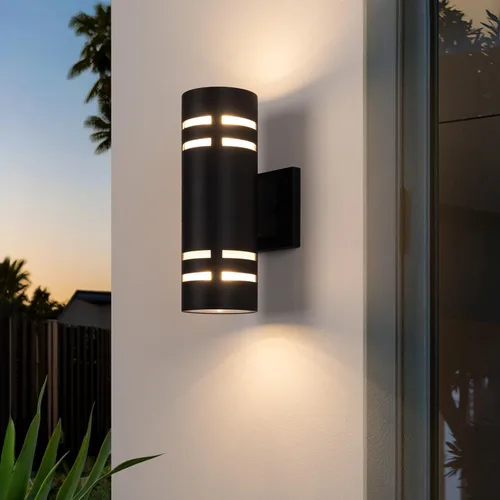 Vista 4 de mirrea Lámpara moderna de 12 pulgadas para porche al aire libre en 2 luces con cilindro de aluminio y cubierta de vidrio templado, aplique de pared