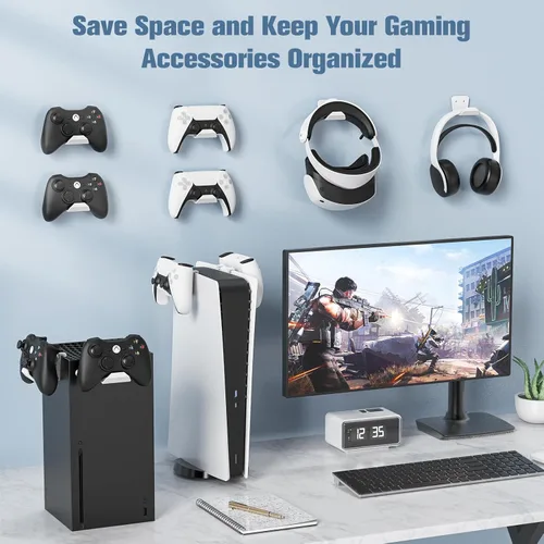 Vista 2 de KUNSLUCK Controller Wall Mount for PS5, Xbox, Switch Controller, 6 Pack Wall Mount Stand for Controller&Headset, AdhesiveScrews Installation (White)