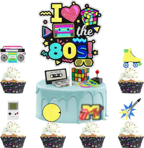 Together Back To The 80s Cake Topper Set – Retro Throwback Theme I love 80s Honeycomb Roller Disco Radio Feliz Cumpleaños Hip Hop Decoración Fiesta