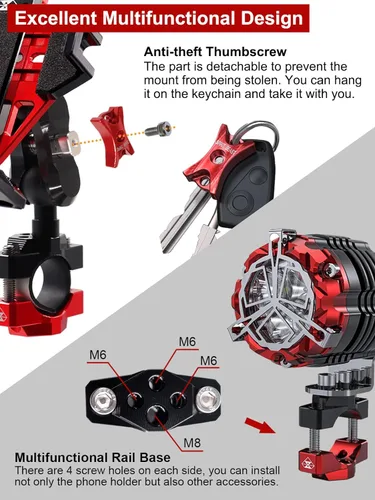 Vista 5 de Soporte de metal para teléfono de motocicleta, sólido y antirrobo, soporte para teléfono celular resistente, compatible con Harley Davidson y la Rojo