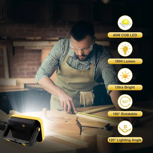 Vista 6 de AUMIO Luz de inundación recargable con agujero para trípode, luz de trabajo COB portátil que funciona con pilas, luces de trabajo LED impermeables