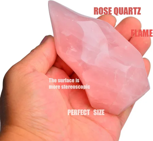 Vista 3 de AMOYSTONE - Gran torre de cristal de cuarzo rosa con forma de llama para sanación, meditación y energía. Decoración de cristal para el hogar