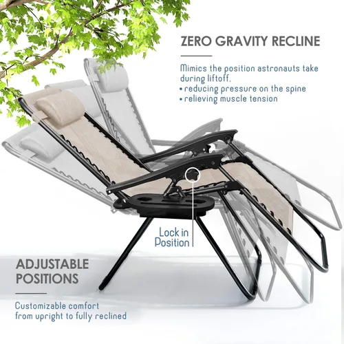 Vista 4 de Nestl Zero Gravity - Juego de 2 sillas de patio al aire libre con almohadas y bandejas portavasos, silla de campamento reclinable de malla de acero