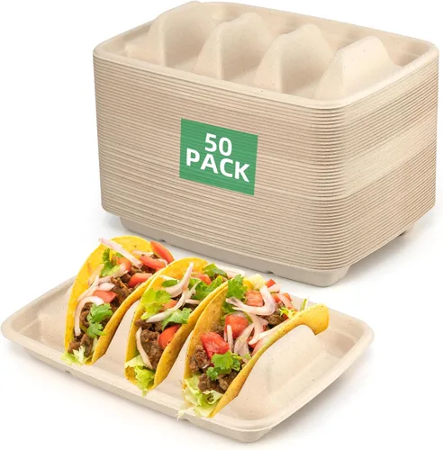 Disposable Taco Holders for Party - Bagasse Pulp Fiber Plates With 3 Dividers for Gathering, Fiesta Tray, Recyclable for Taco Tuesday Lazy Susan Bar