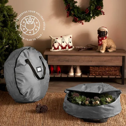 Vista 3 de Paquete de 2 bolsas de almacenamiento para corona de Navidad, 91 cm - Coronas artificiales, asas duraderas, doble cremallera y ranura para tarjetas