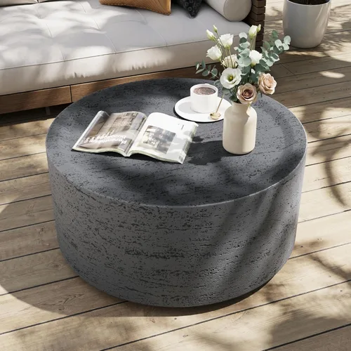 Vista 9 de UPHA Mesa auxiliar redonda de 28 pulgadas para exteriores, moderna mesa de patio de hormigón hueco, pequeña mesa minimalista baja para sala de Bronce